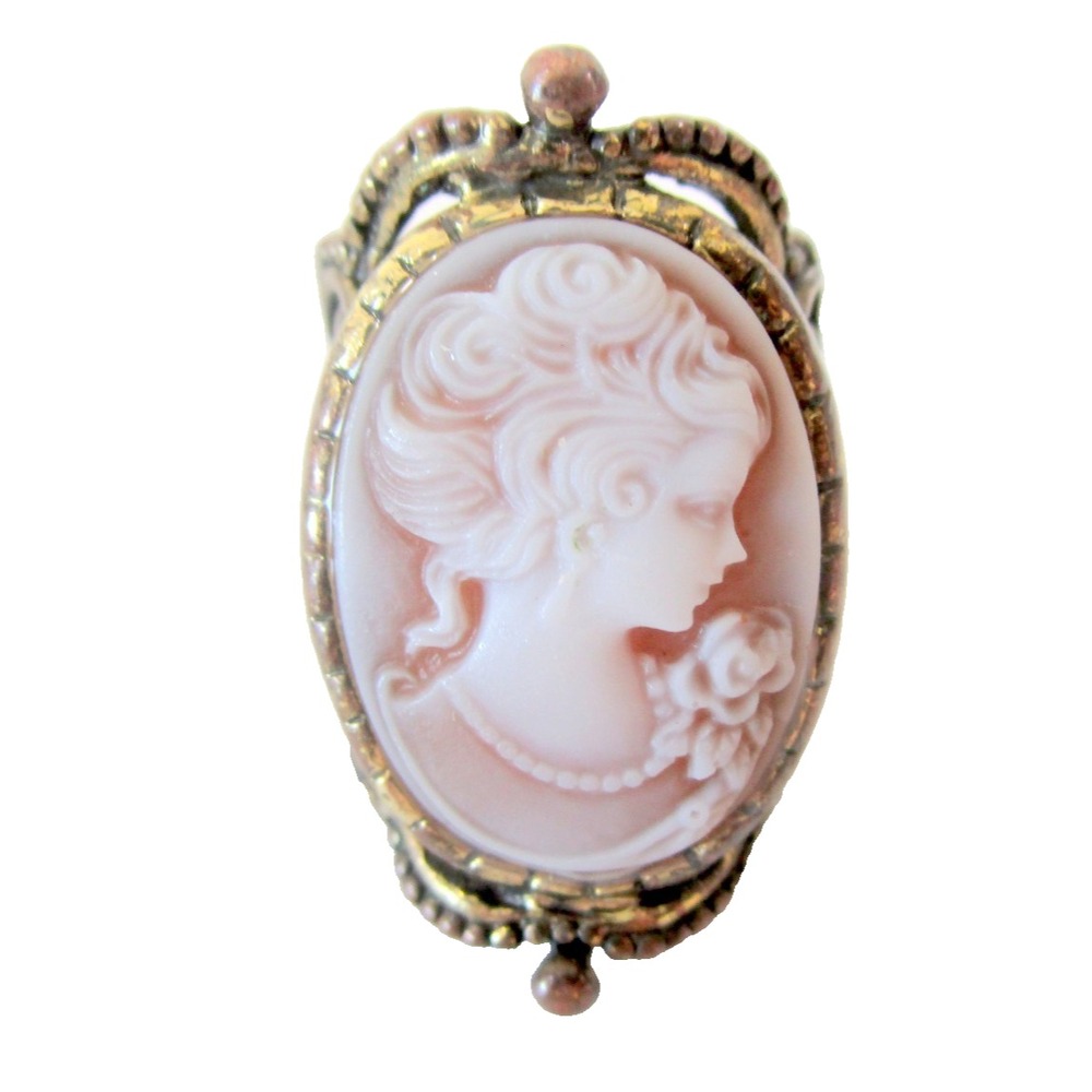 Vintage Pink Cameo Ring Size 7 Woman Wearing Pearls Floral 1.5' Long